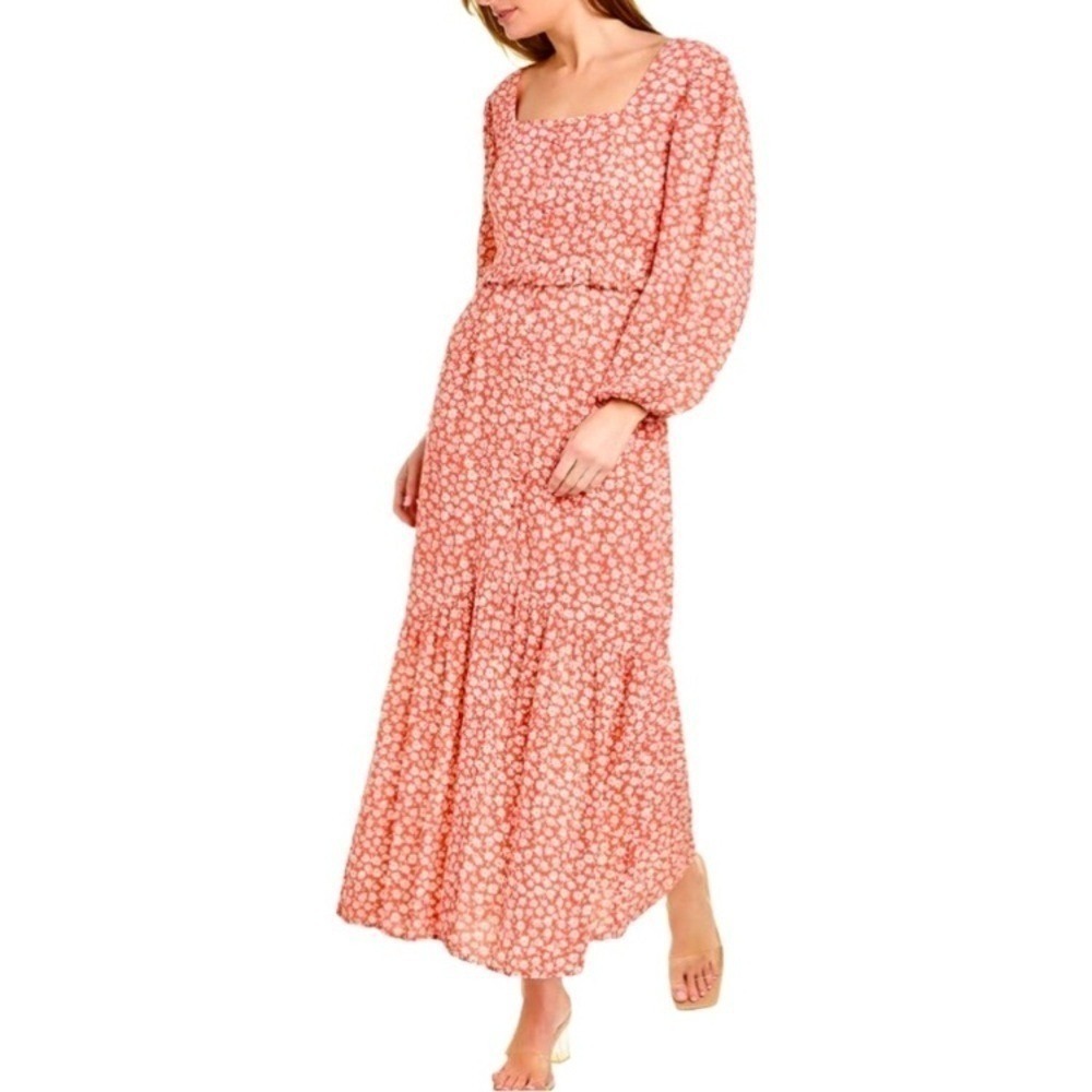 Lost + Wander floral, tiered, maxi dress size L red white summer vacation travel